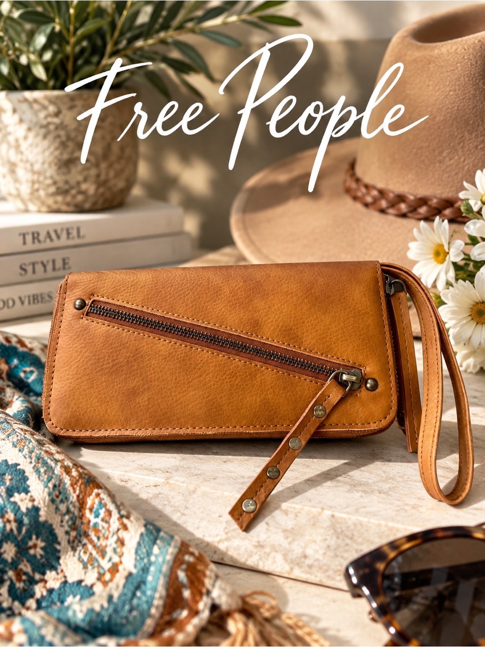 Free People Vegan Leather Wristlet Wallet Boho with Diagonal Zip